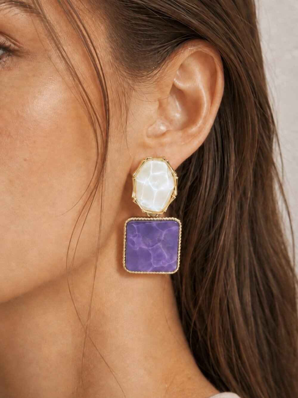✨ Purple & White Geometric Statement Drop Earrings Gold-Tone
